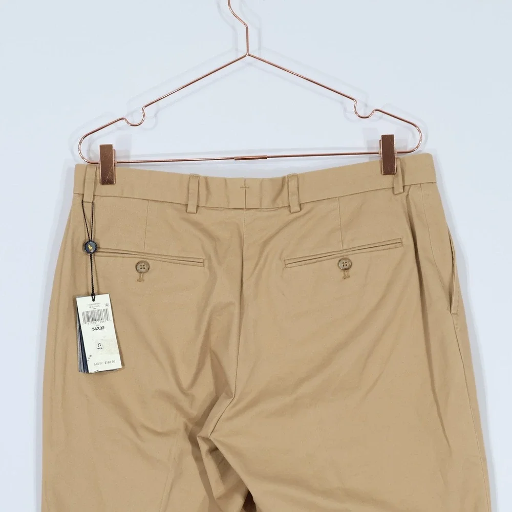 Polo Ralph Lauren Chino Pants Mens 34x32 Tan Khaki Stretch Cuffed $168 NWT